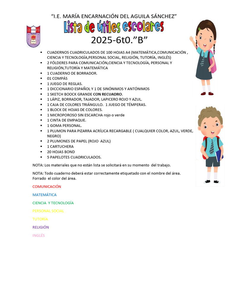 Lista de útiles escolares 2025 | PDF