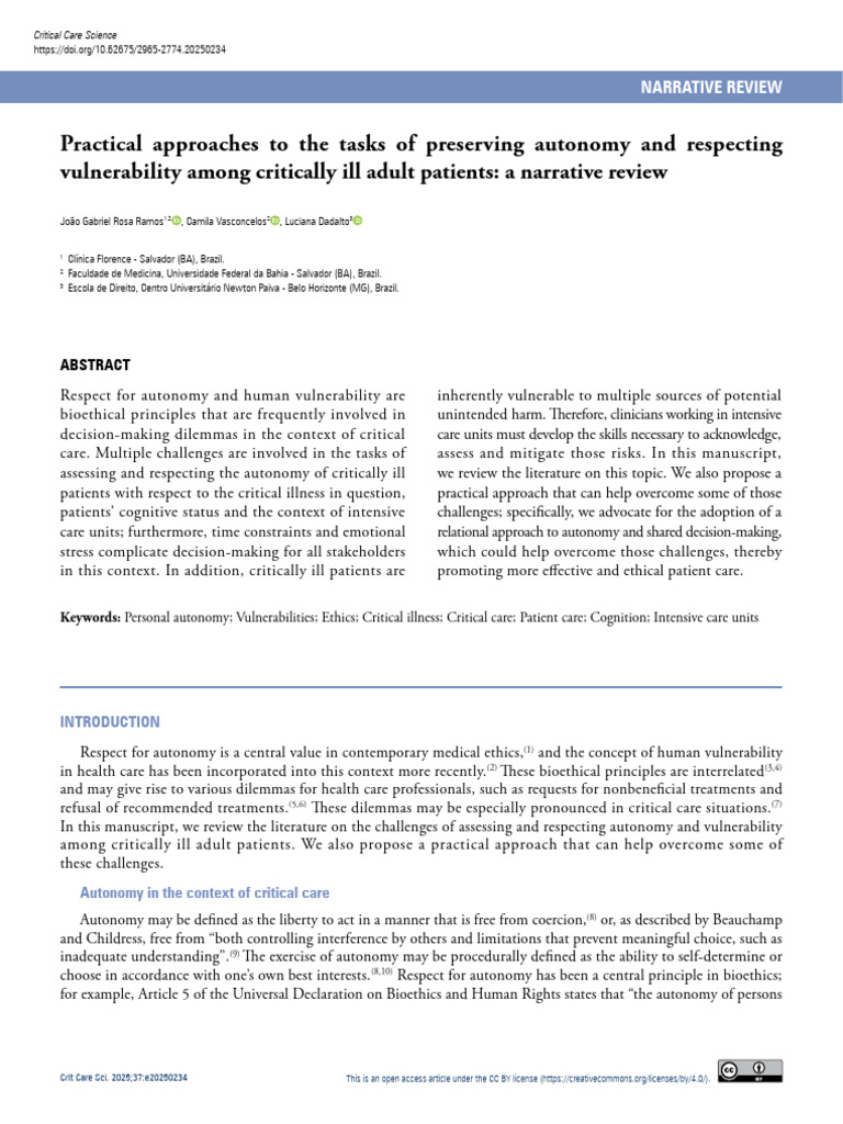 Autonomy and Vulnerability in Critical Care | PDF | Autonomy | Informed ...