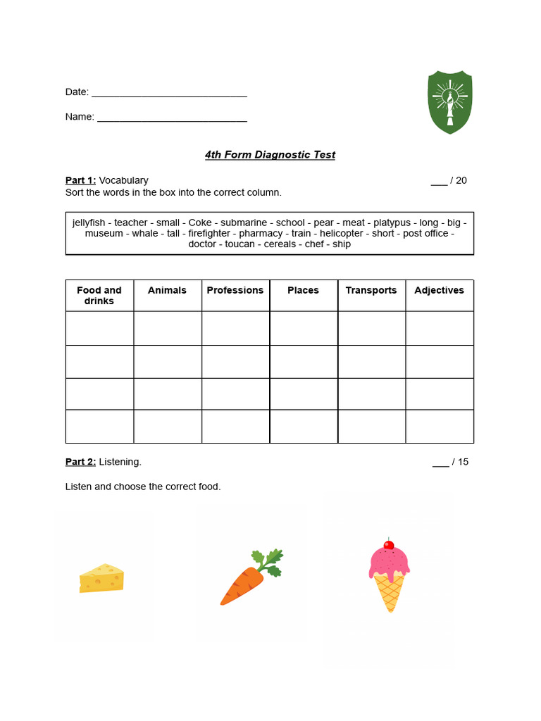 4th Form Diagnostic Test Template | PDF