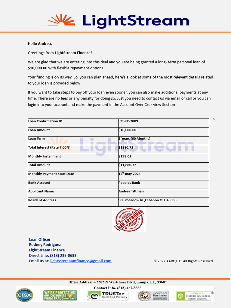 LightStream Loan Confirmation Details | PDF | Loans | Banks