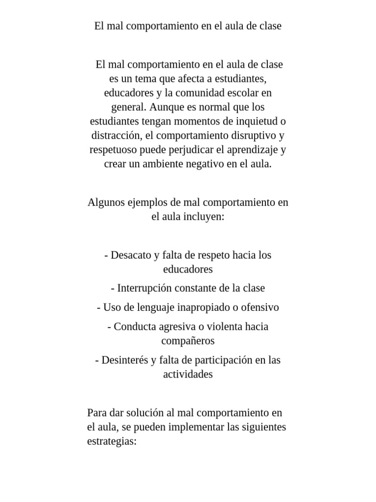 El Mal Comportamiento en El Aula de Clase | PDF