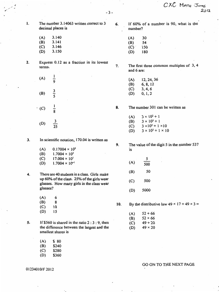 CSEC Mathematics MayJune P1 2012 | PDF