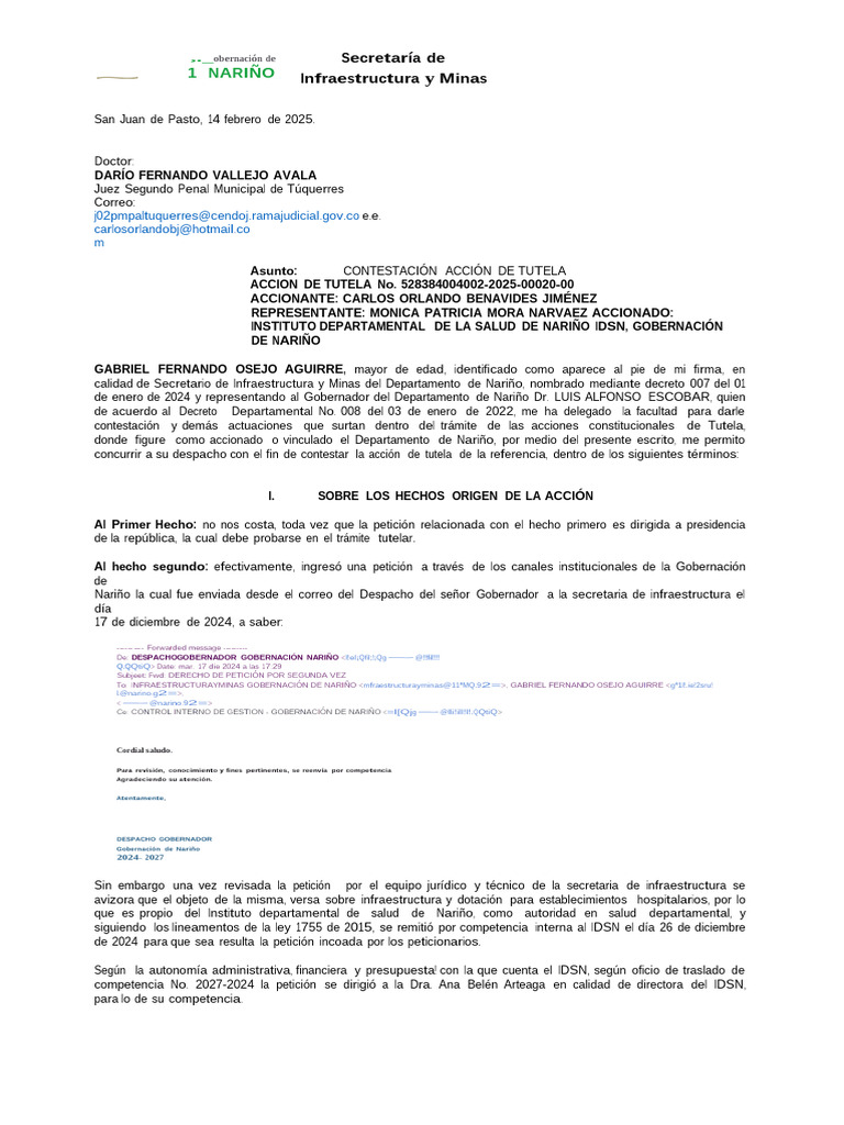Contestación Tutela Gobernación Nariño | PDF | Petición | Derechos