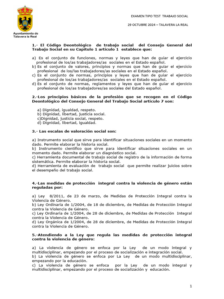 Examen de Trabajo Social en Talavera | PDF | Trabajo Social | Igualdad ...