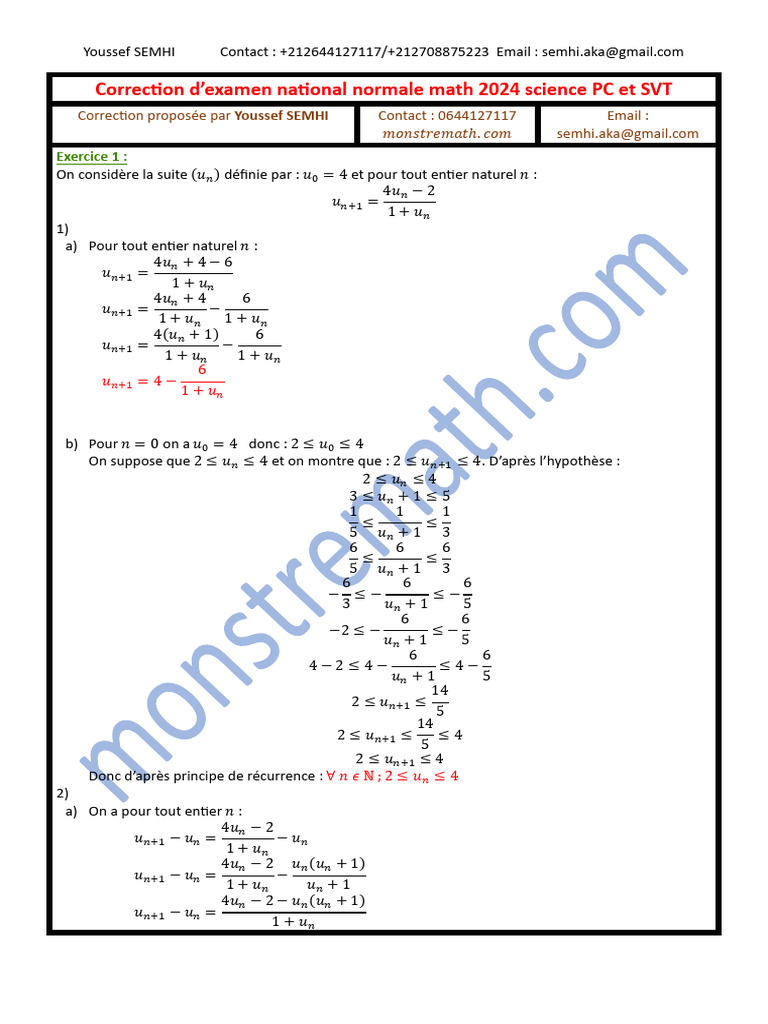 Correction Examen National Math 2024 | PDF | Limite (mathématiques ...