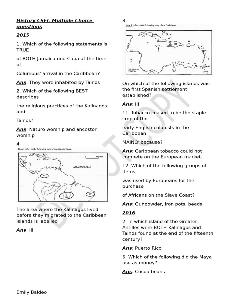 CSEC History MCQs: 2015-2022 | PDF | Caribbean | Spanish Empire