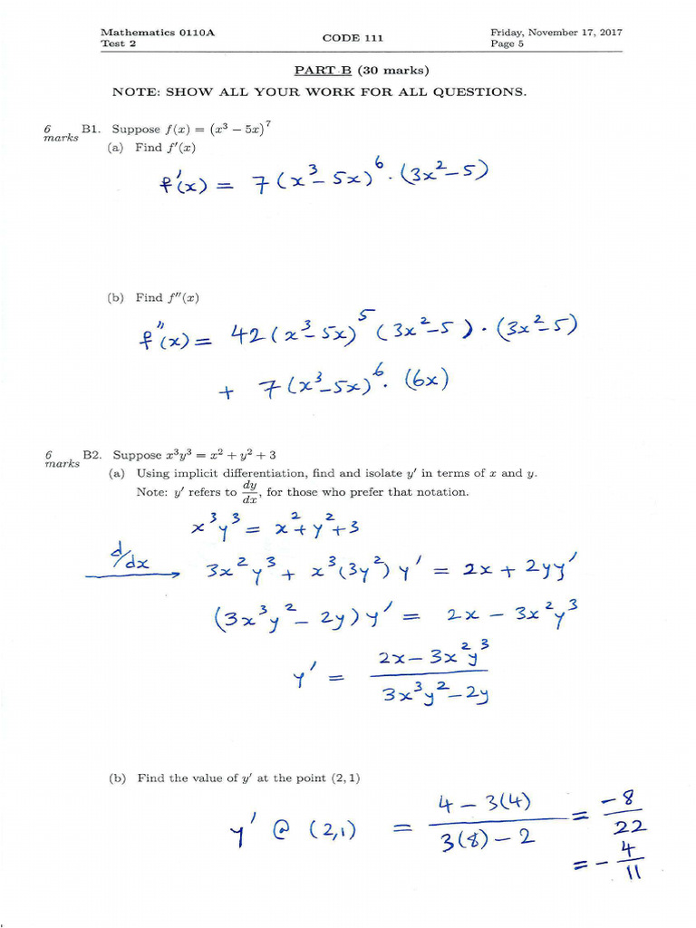 Math0110 Test2 2017 Solutions | PDF