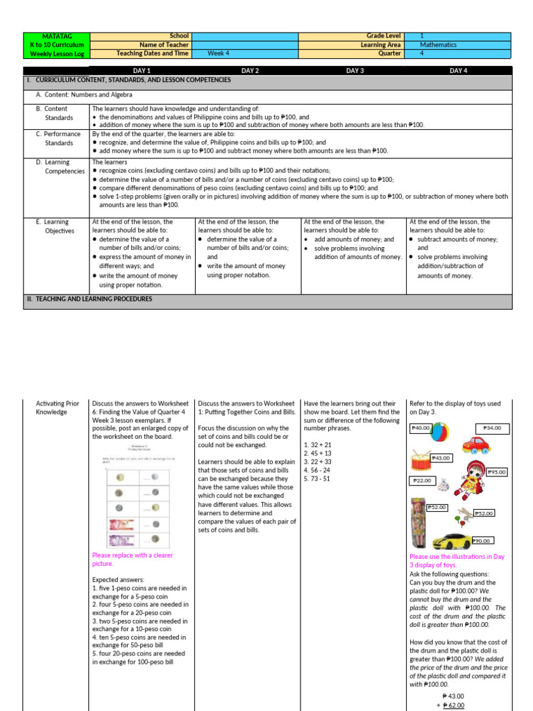 LE - Math 1 - Q4 - Week 4 - v.2 | PDF | Money | Learning