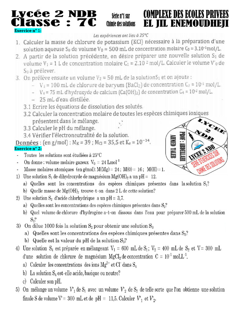Exercices sur les solutions acides et basiques | PDF | Acide ...