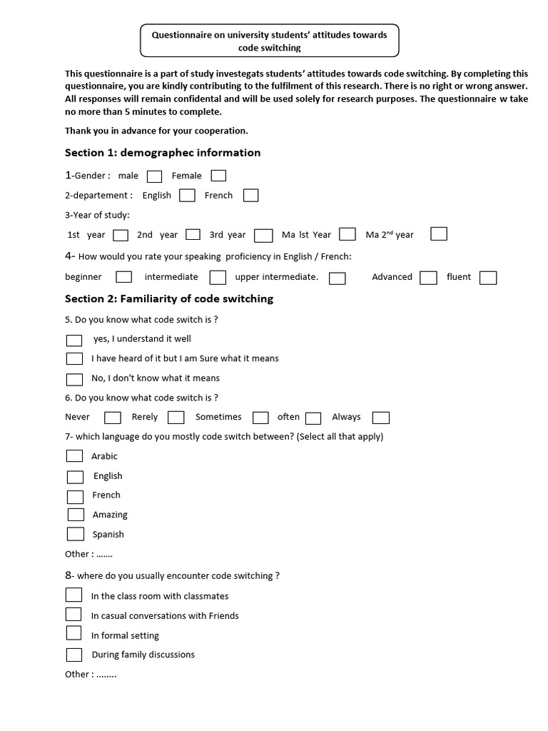 Student Attitudes on Code Switching Questionnaire | PDF | Applied ...