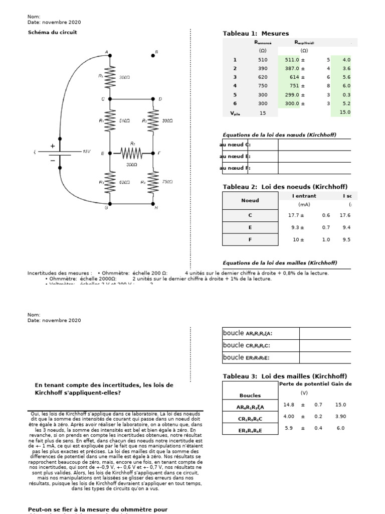 Analyse des lois de Kirchhoff en laboratoire | PDF | Circuit ...