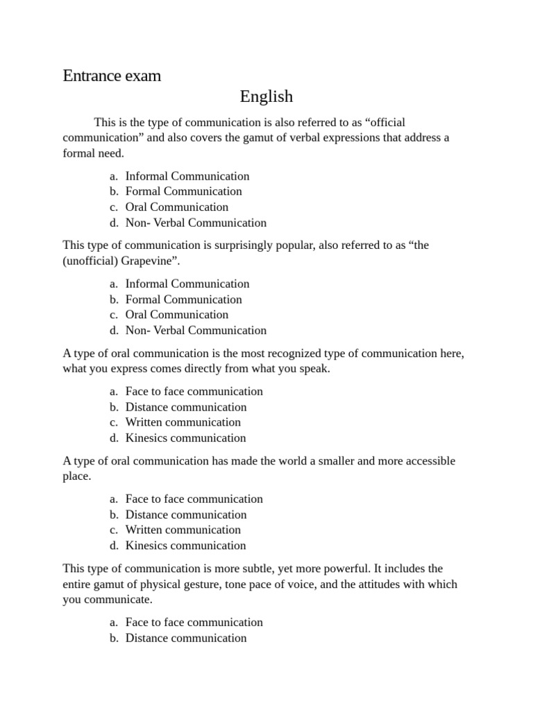 Entrance Exam - Docx 1 | PDF | Communication | Nonverbal Communication