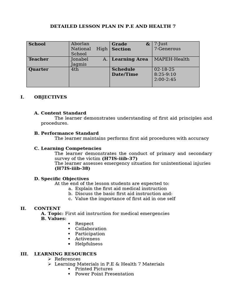 First Aid Lesson Plan for Grade 7 | PDF | First Aid | Learning