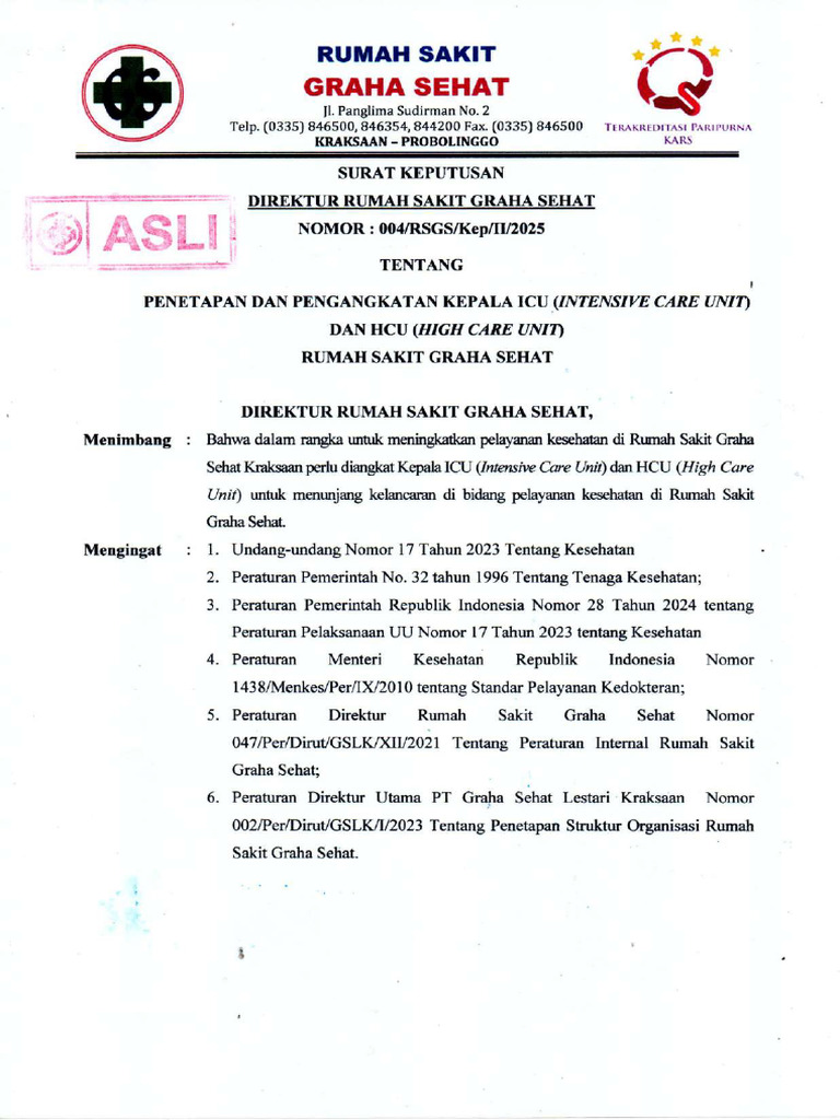 SK PENETAPAN KEPALA ICU HCU DR DAVID CHANDRA, SP An TI 2025 | PDF