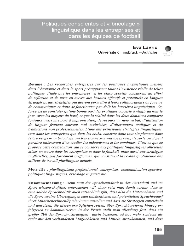 Politiques linguistiques en entreprise et sport | PDF