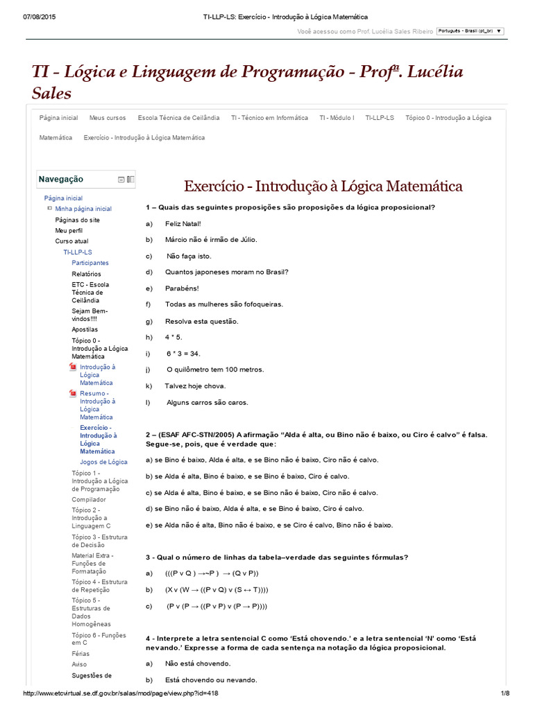 TI-LLP-LS - Exercício - Introdução À Lógica Matemática | PDF | Lógica ...