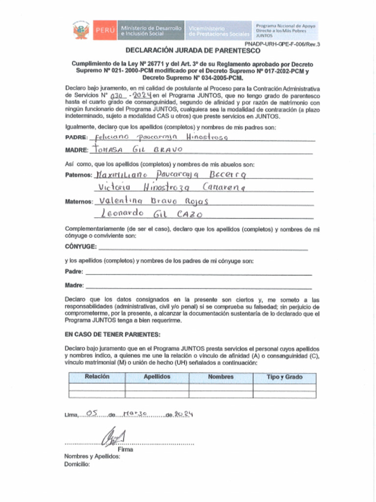 Declaracion de Parentesco | PDF