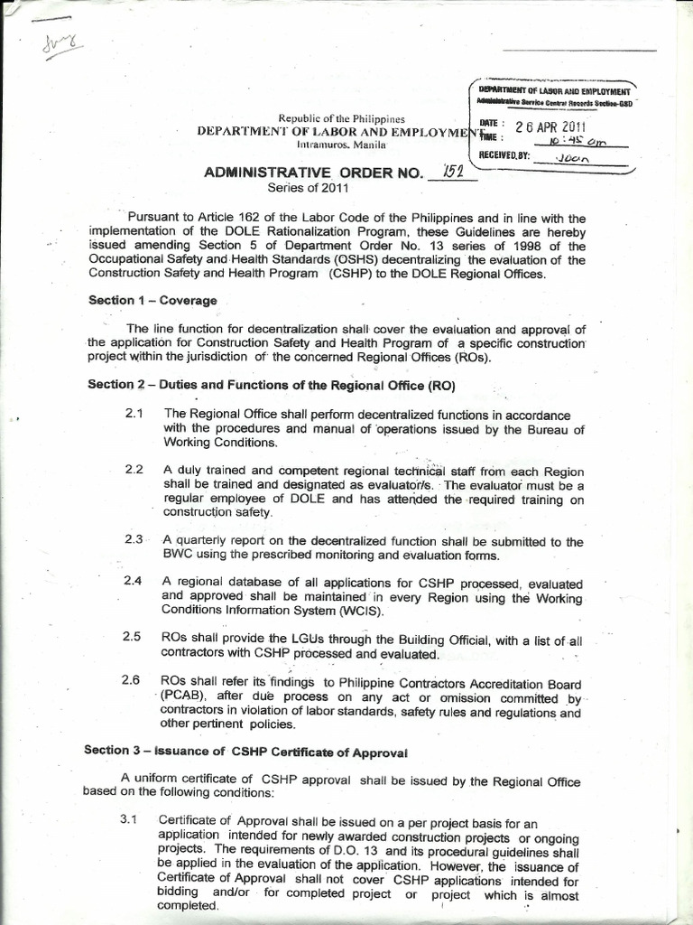 AO No.152 11 Decentralization of CSHP Evaluation To DOLERO 4 | PDF
