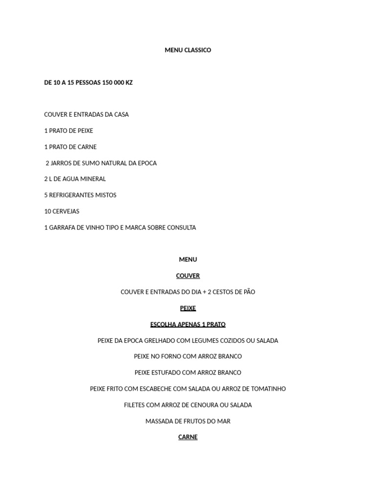 Menu Clássico para Grupos de 10 a 15 Pessoas | PDF