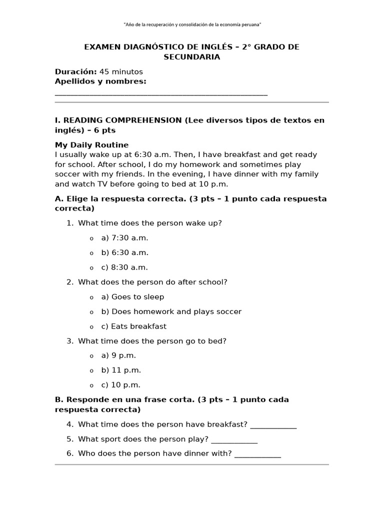Examen de Inglés para 2° Grado Secundaria | PDF | Lingüística