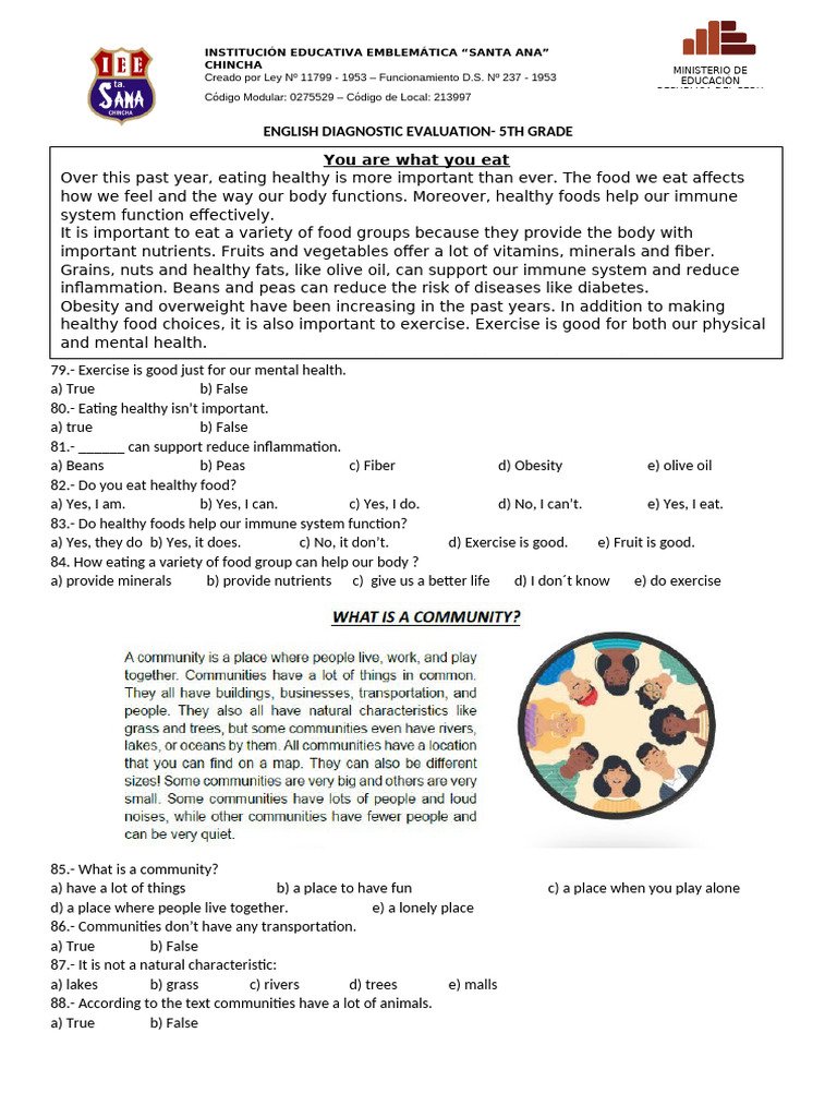 5th Grade English Diagnostic Evaluation | PDF | Healthy Diet | Foods