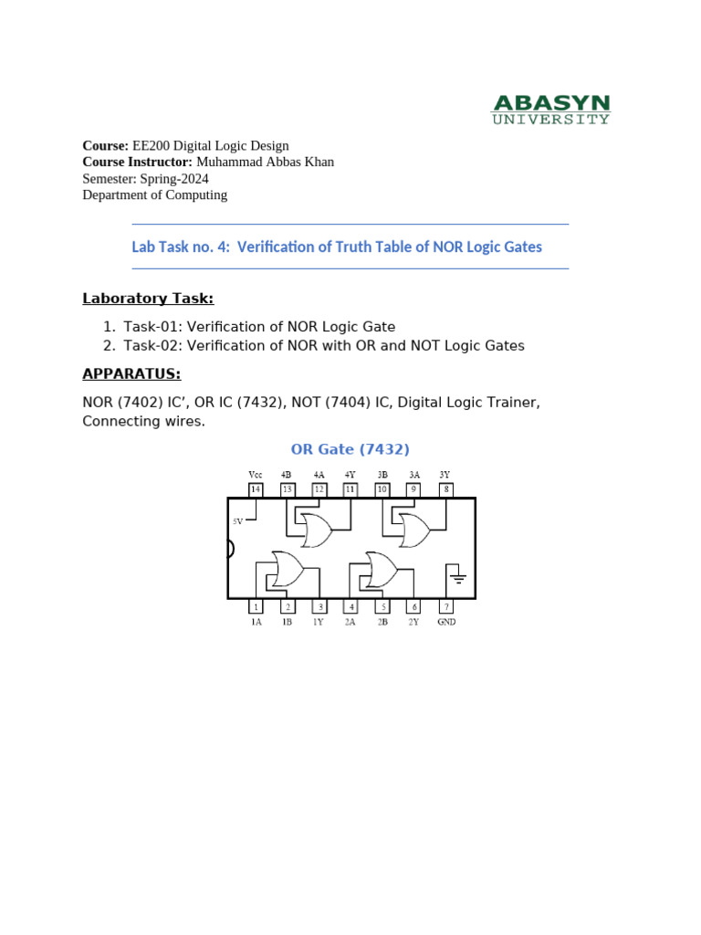 NOR Gate Truth Table Verification Lab | PDF