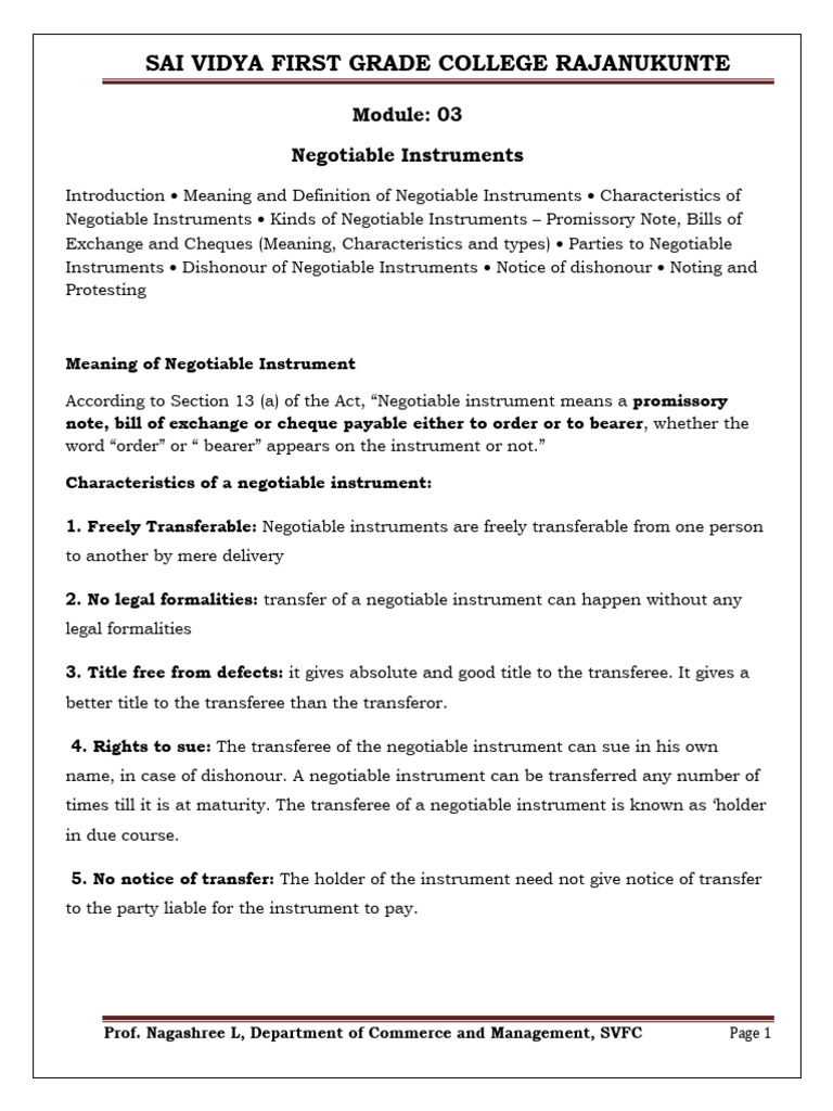 Negotiable Instrument Notes | PDF | Negotiable Instrument | Cheque