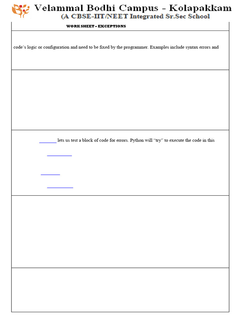 Xii Cs Worksheet-exceptions | PDF | Computer Program | Programming image.