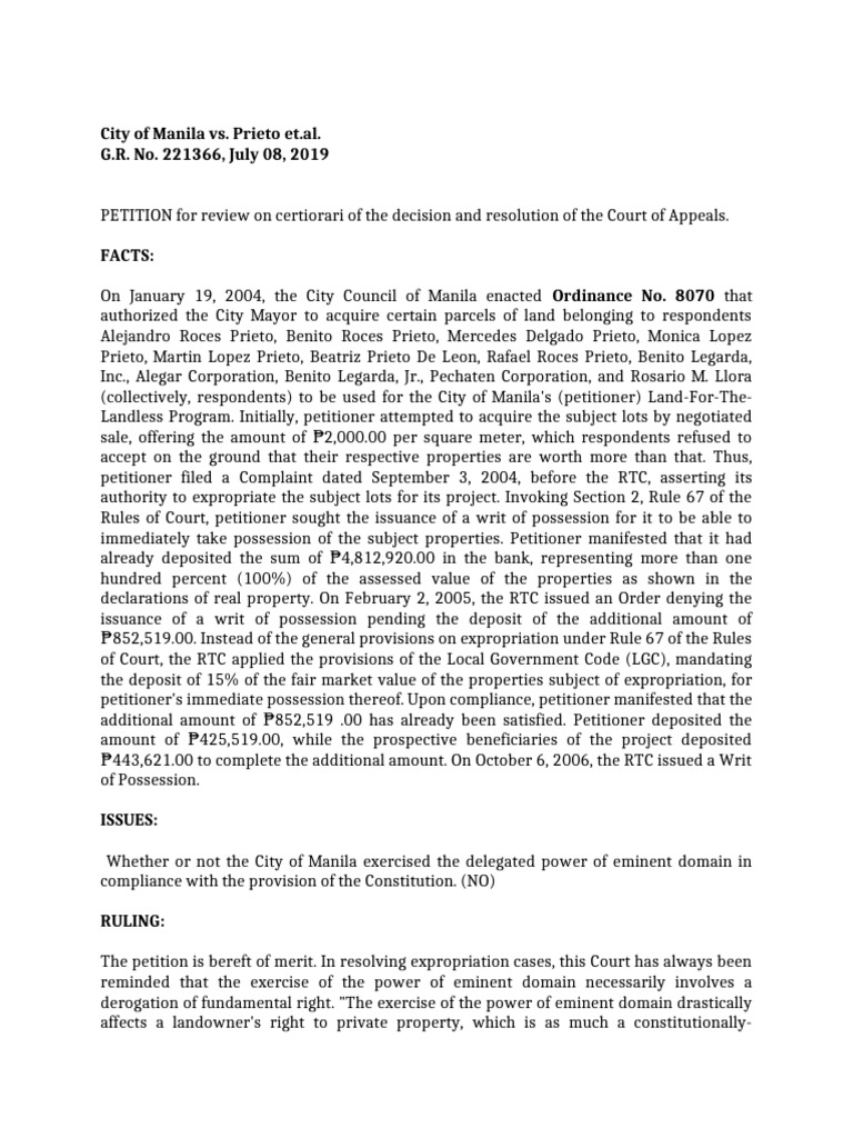 Manila's Expropriation Authority Limits | PDF | Eminent Domain | Property