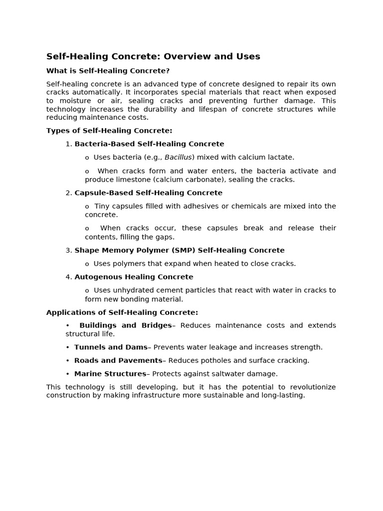 Self Healing Concrete and Usage | PDF