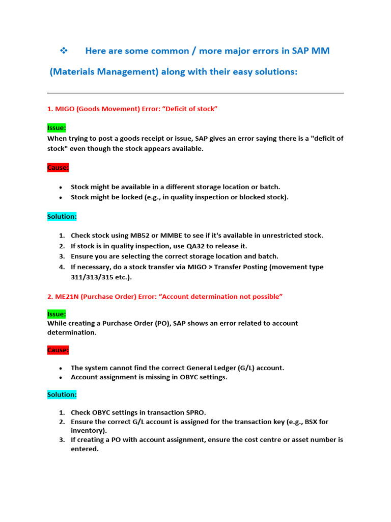 SAP MM Common Errors and Solutions | PDF | Business