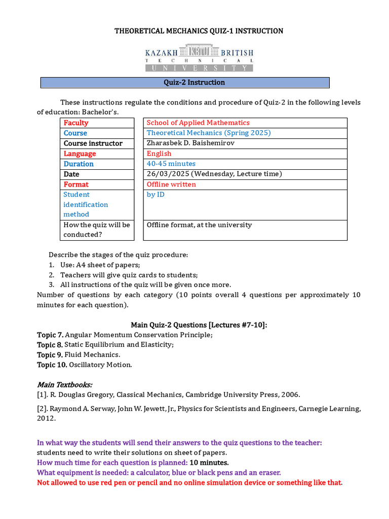 Theoretical Mechanics Quiz 2 Instructions | PDF | Mechanics | Physics