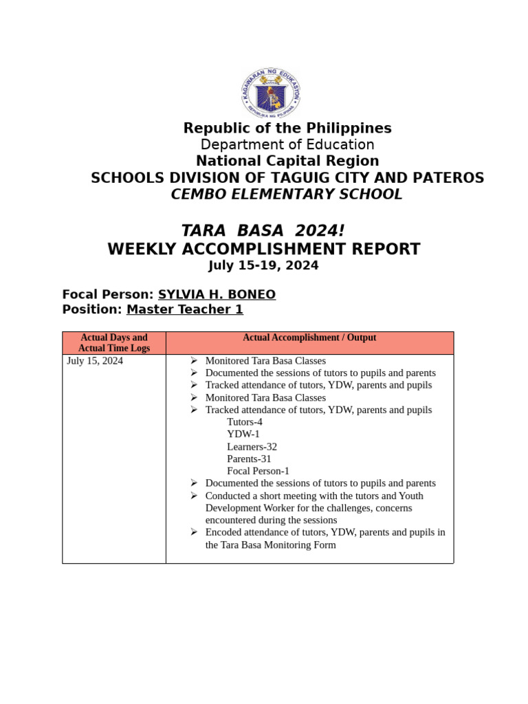 Tara Basa Weekly Accomplishment Report | PDF | Intelligence | Human ...