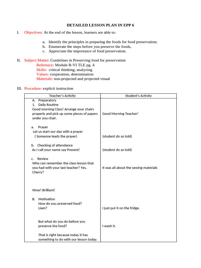 Food Preservation Lesson Plan EPP 6 | PDF | Vegetables | Food Preservation