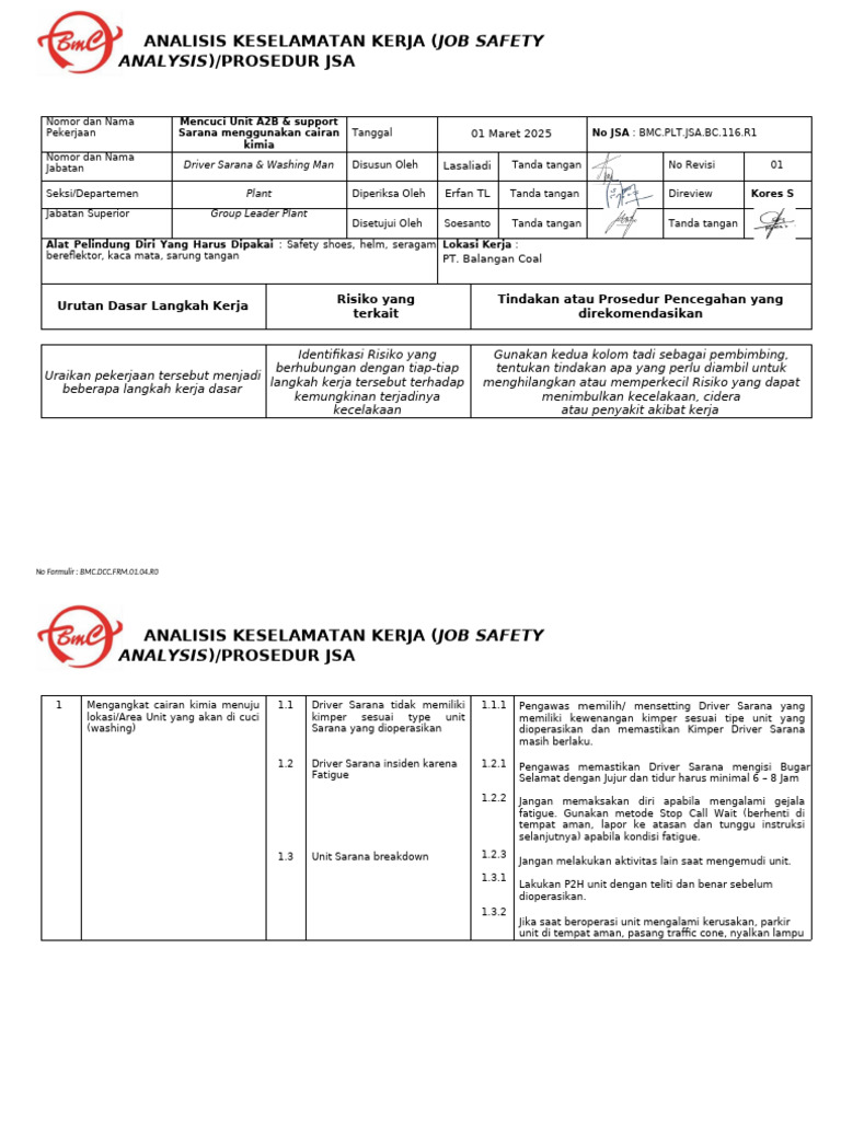 Prosedur JSA Pencucian Unit A2B | PDF