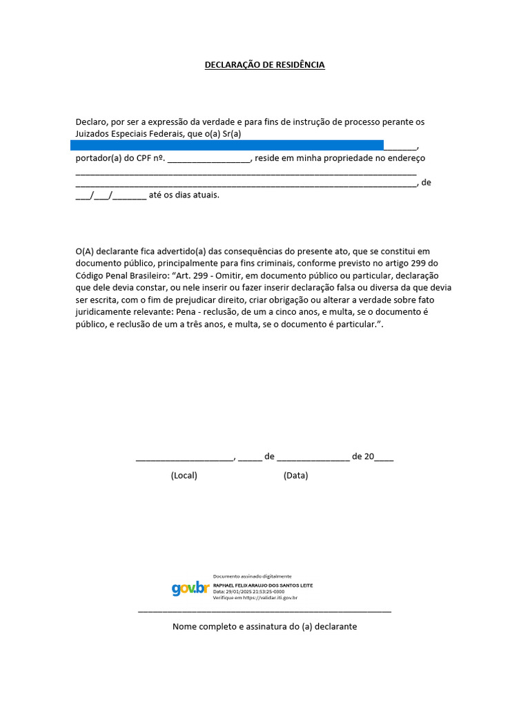 Declaração de Residência para JFPE | PDF