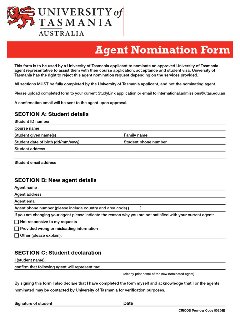 University of Tasmania Agent Nomination Form | PDF