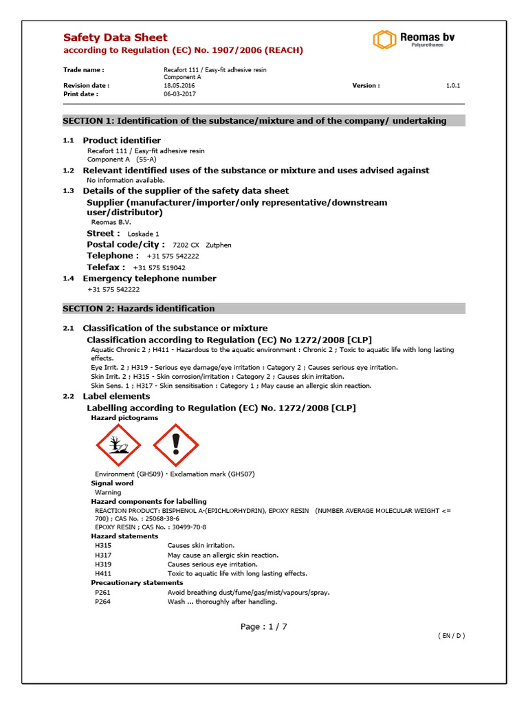 Recafort 111 Adhesive Resin Safety Data | PDF | Epoxy | Toxicity