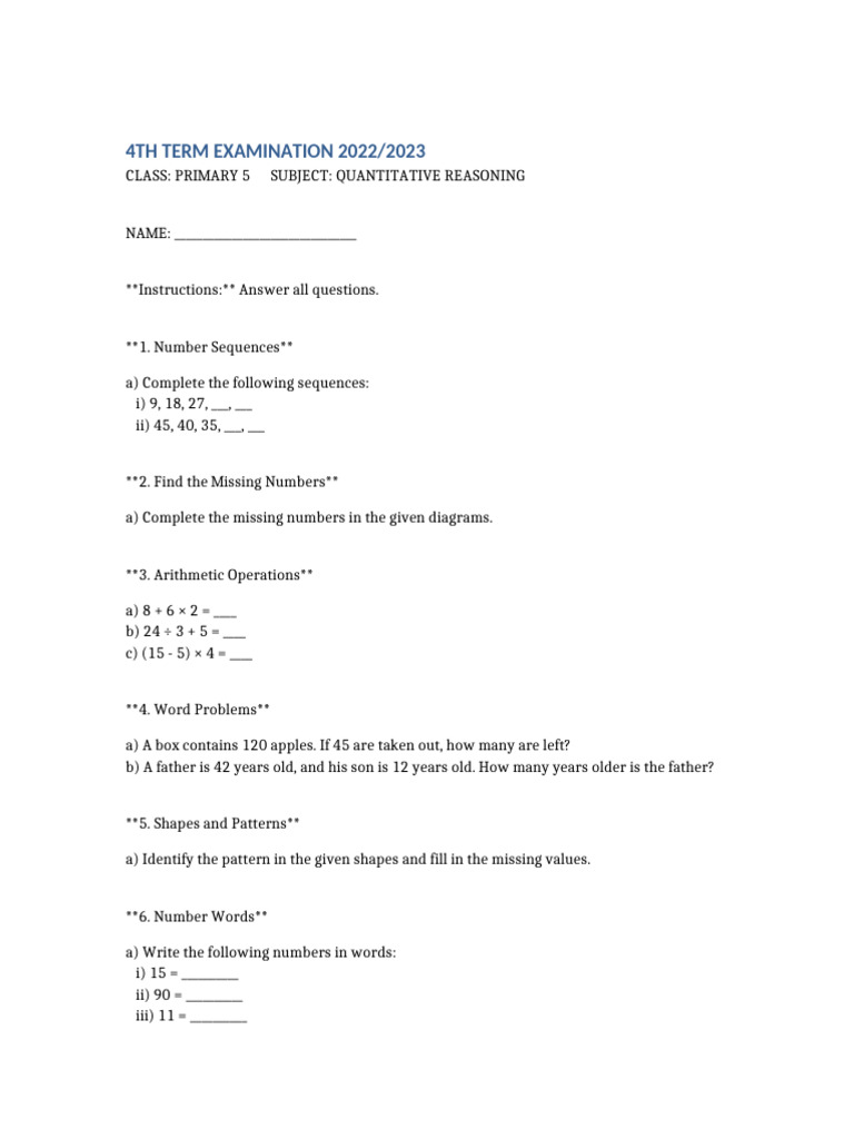 Primary 5 Quantitative Reasoning Exam | PDF