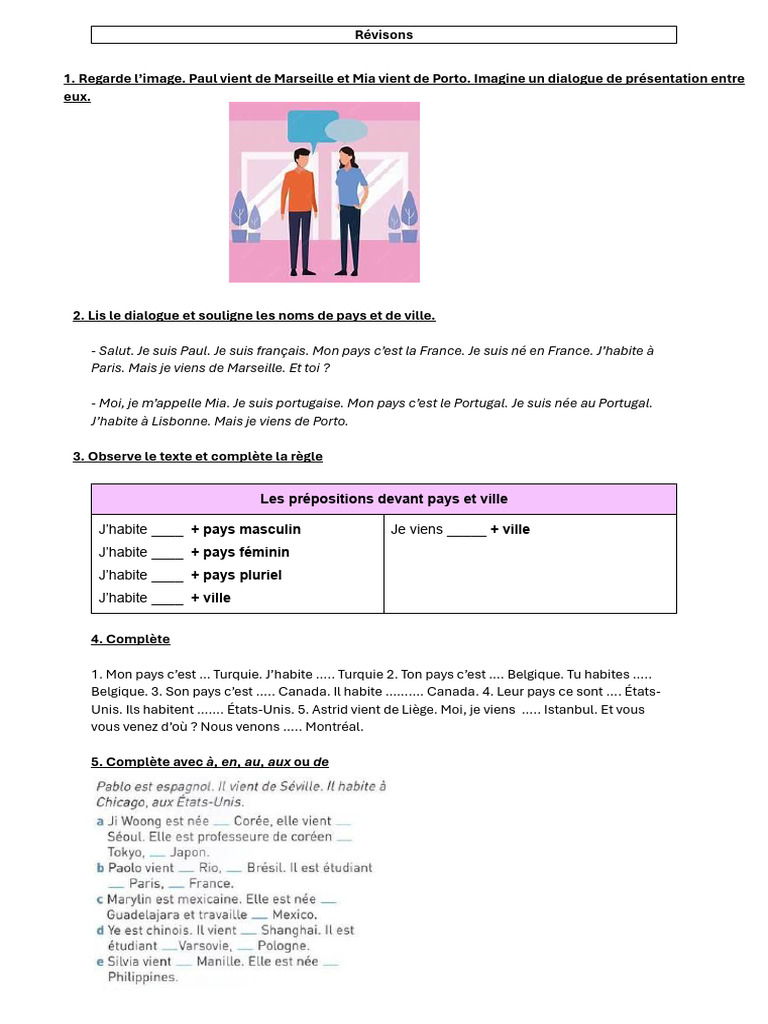 Dialogue de présentation et prépositions | PDF