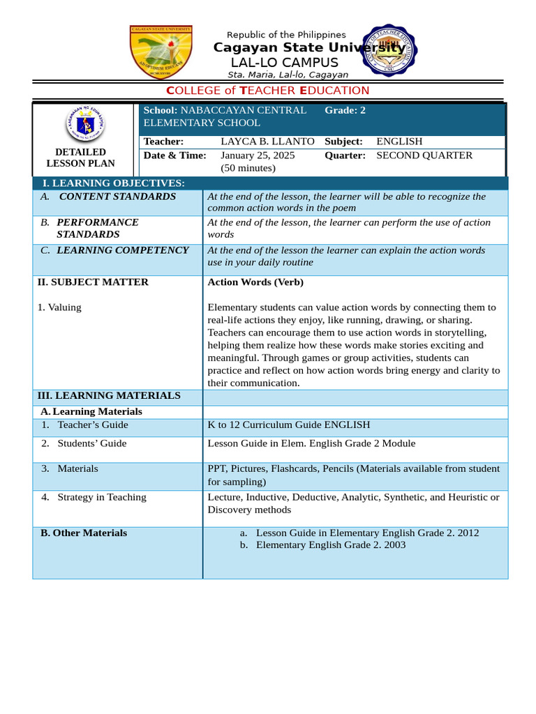 Grade 2 English Lesson Plan on Verbs | PDF | Learning | Teachers