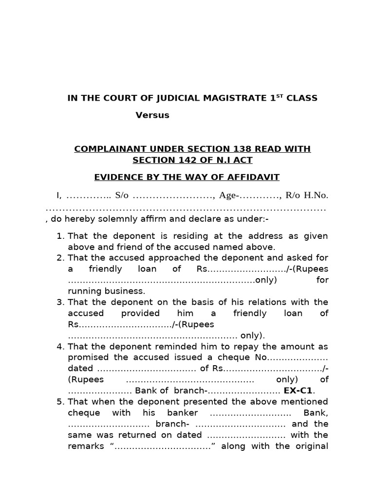 Affidavit Evidence in 138 NI Act Case | PDF | Affidavit | Cheque