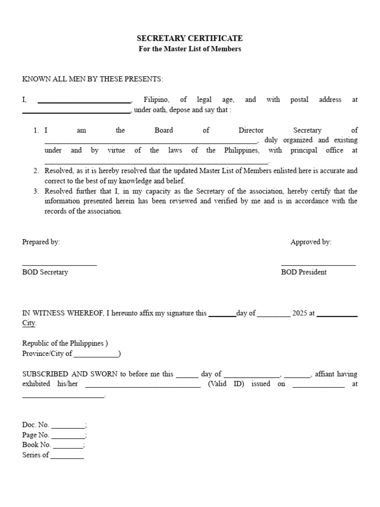 Secretary Certificate for Member List | PDF