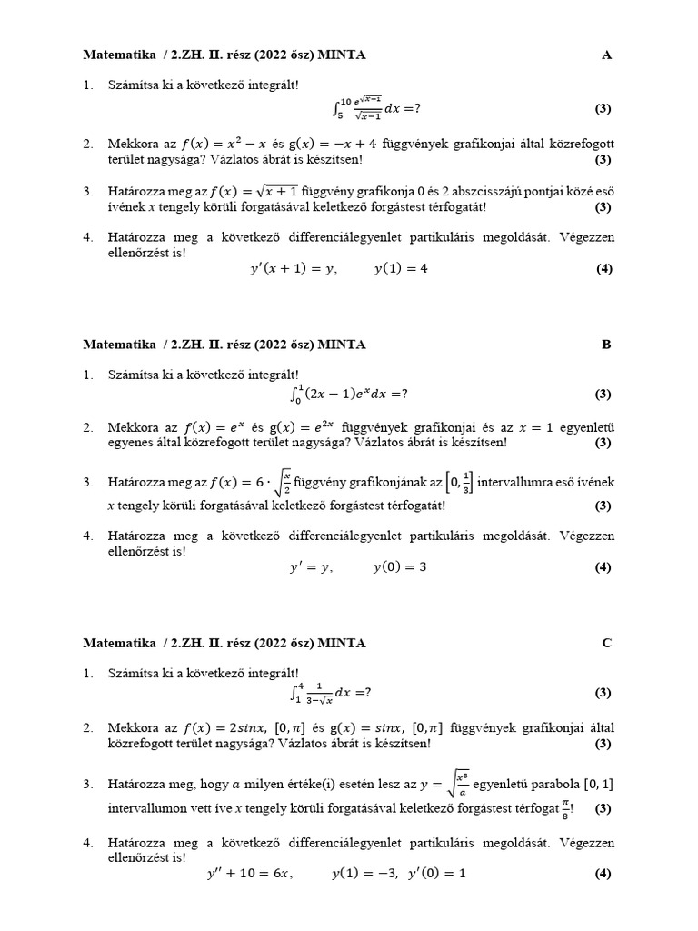 Mat 2ZH 2rész 2022 Ősz ABCDEF ZH MINTA | PDF