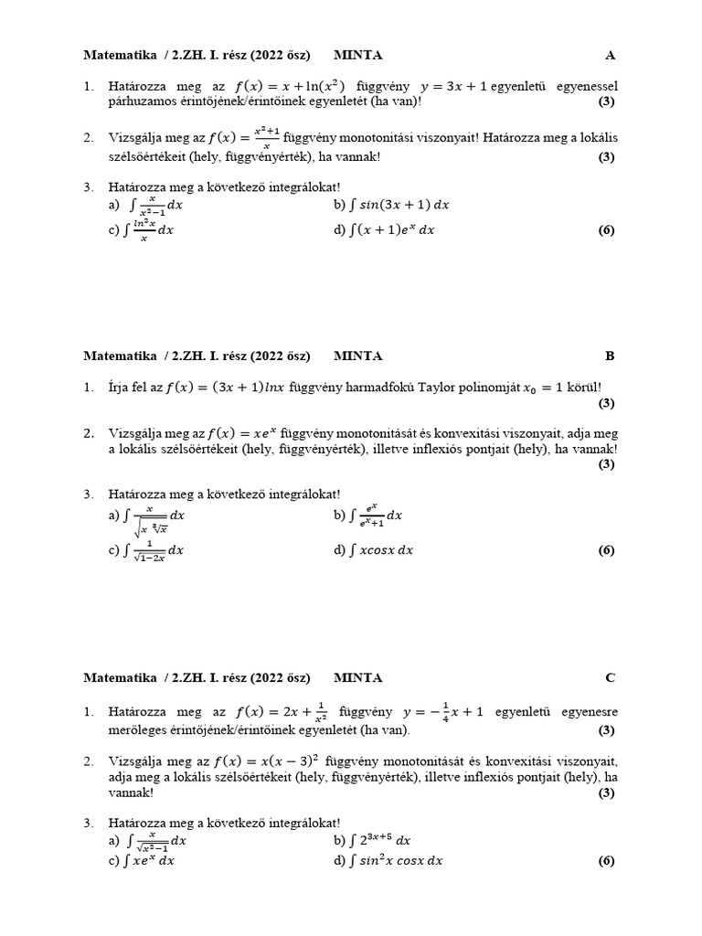 Mat 2ZH 1rész 2022 Ősz ABCDEF MINTA | PDF