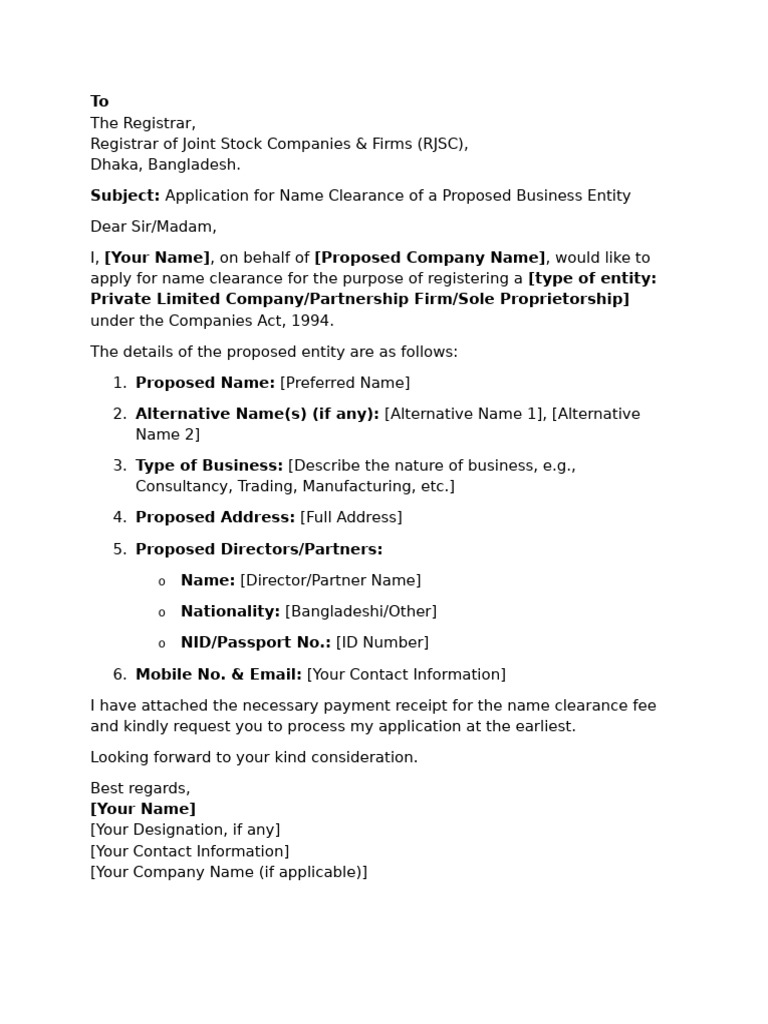 RJSC Name Clearance Application Template | PDF