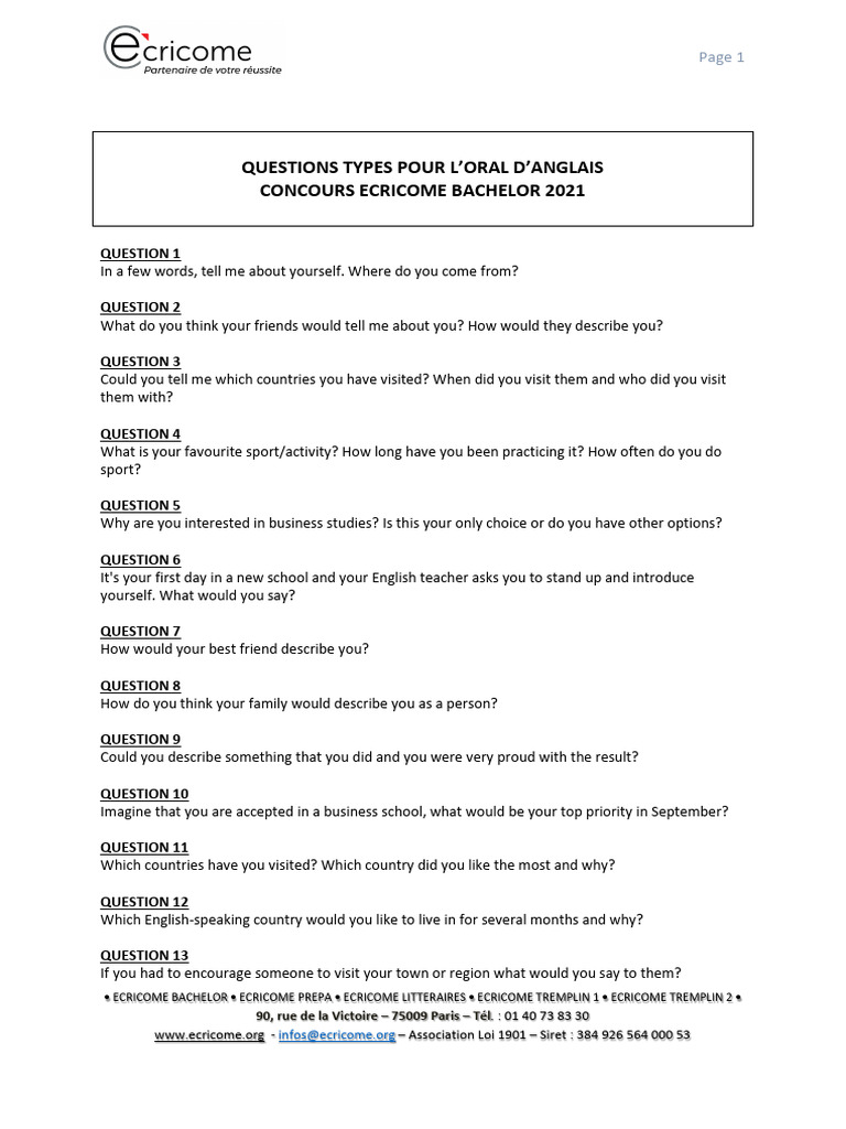 ECRICOME Bachelor English Oral Questions | PDF