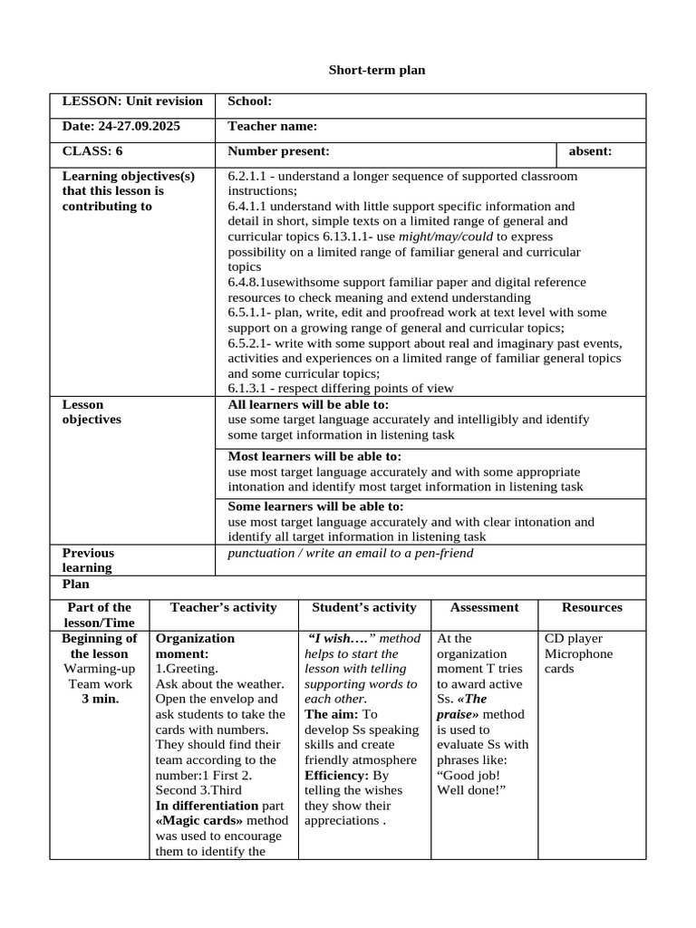 6th Grade Lesson Plan: Unit Revision | PDF | Curriculum | Quiz