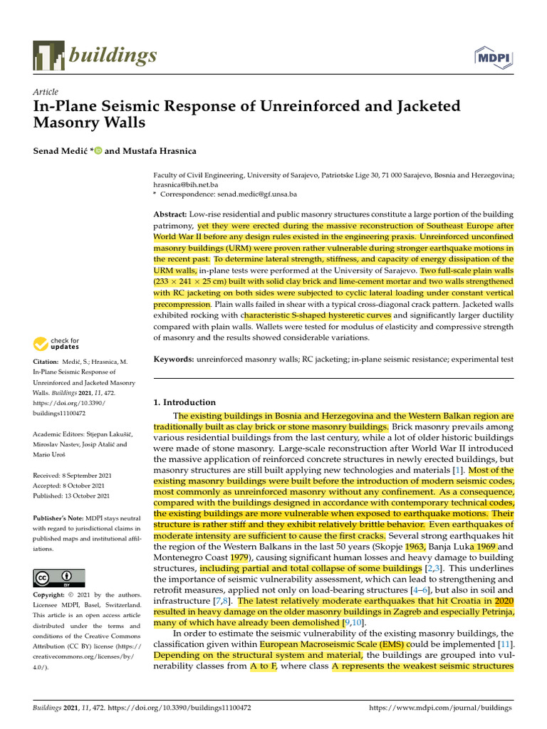 Seismic Response of Masonry Walls | PDF | Deformation (Engineering ...
