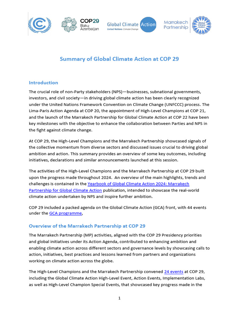 Key Outcomes of COP 29 Climate Action | PDF | Climate Resilience ...